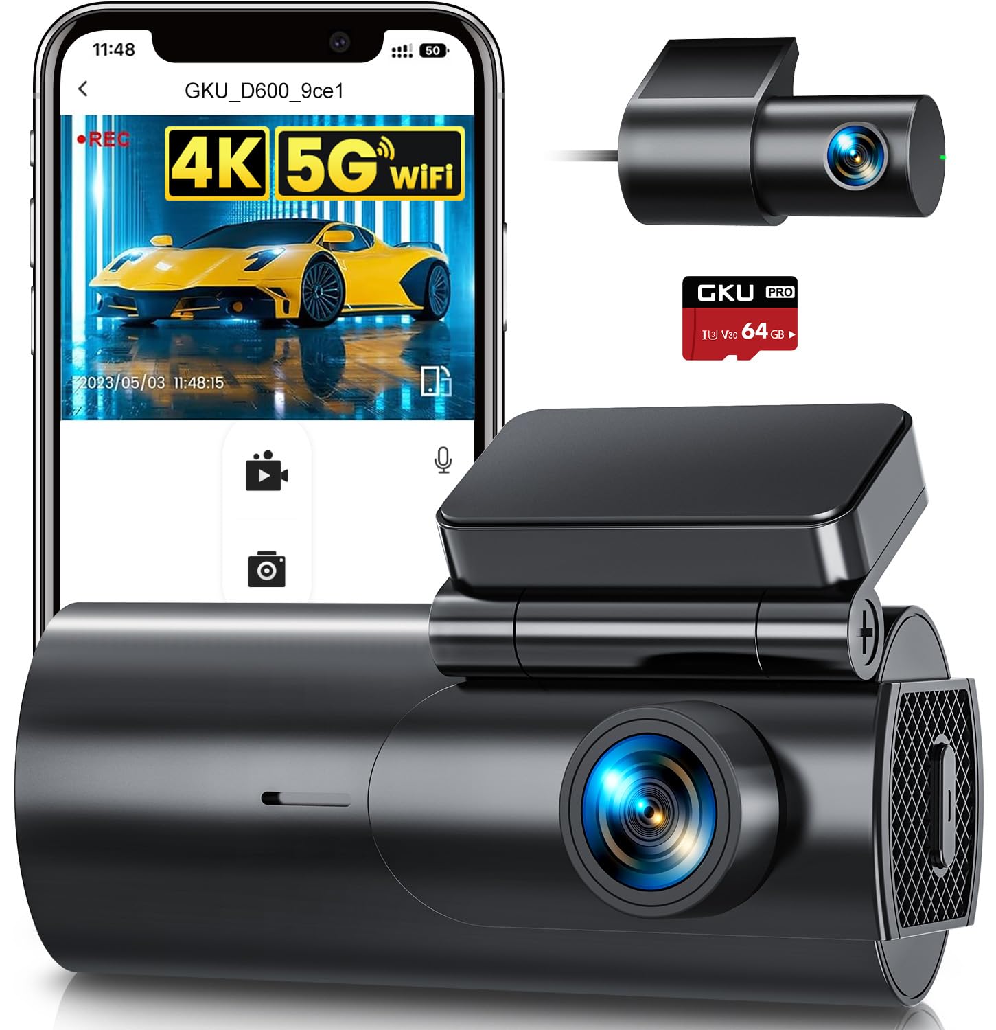 GKU Dash Cam Front and Rear Camera – 4K+1080P Dual Dash Camera for Cars with 64GB SD Card
GKU Dash Cam Front and Rear Ca