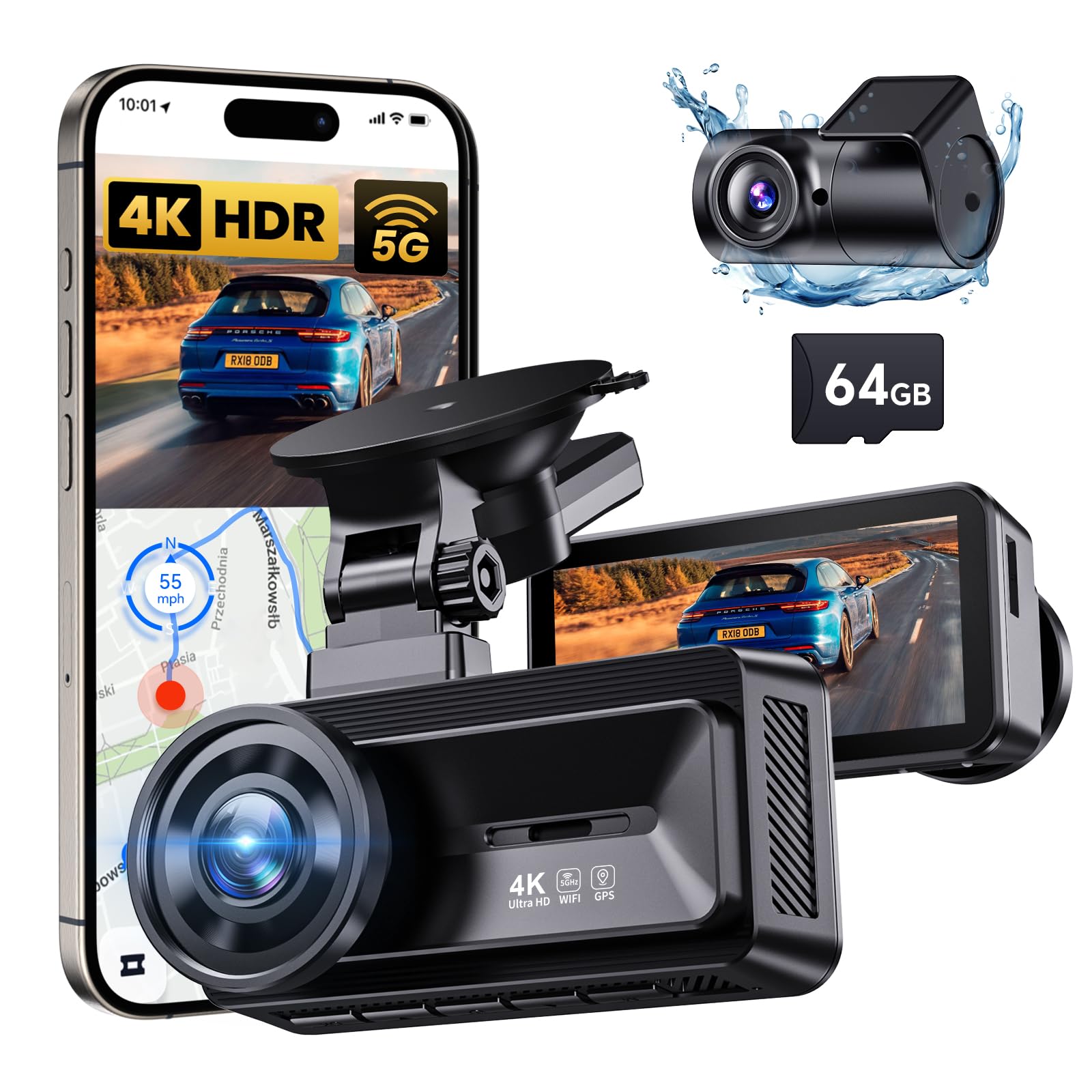 4K+1080P Full HD Dashcam with 5G WiFi GPS for Cars | Dual Dash Camera Front Rear with 3" IPS Screen | Night Vision 24H