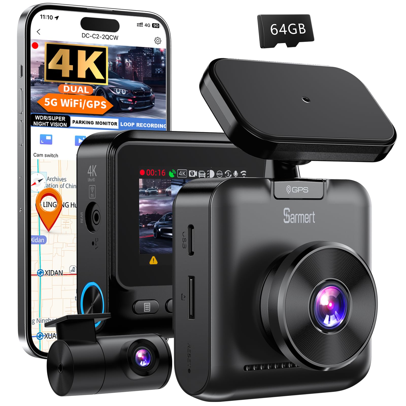 Sarmert C2 4K Dual Dash Cam - Built-in GPS and 5G WiFi for Cars
Sarmert C2 4K Dual Dash Cam - 24H Parking Mode Night Vis