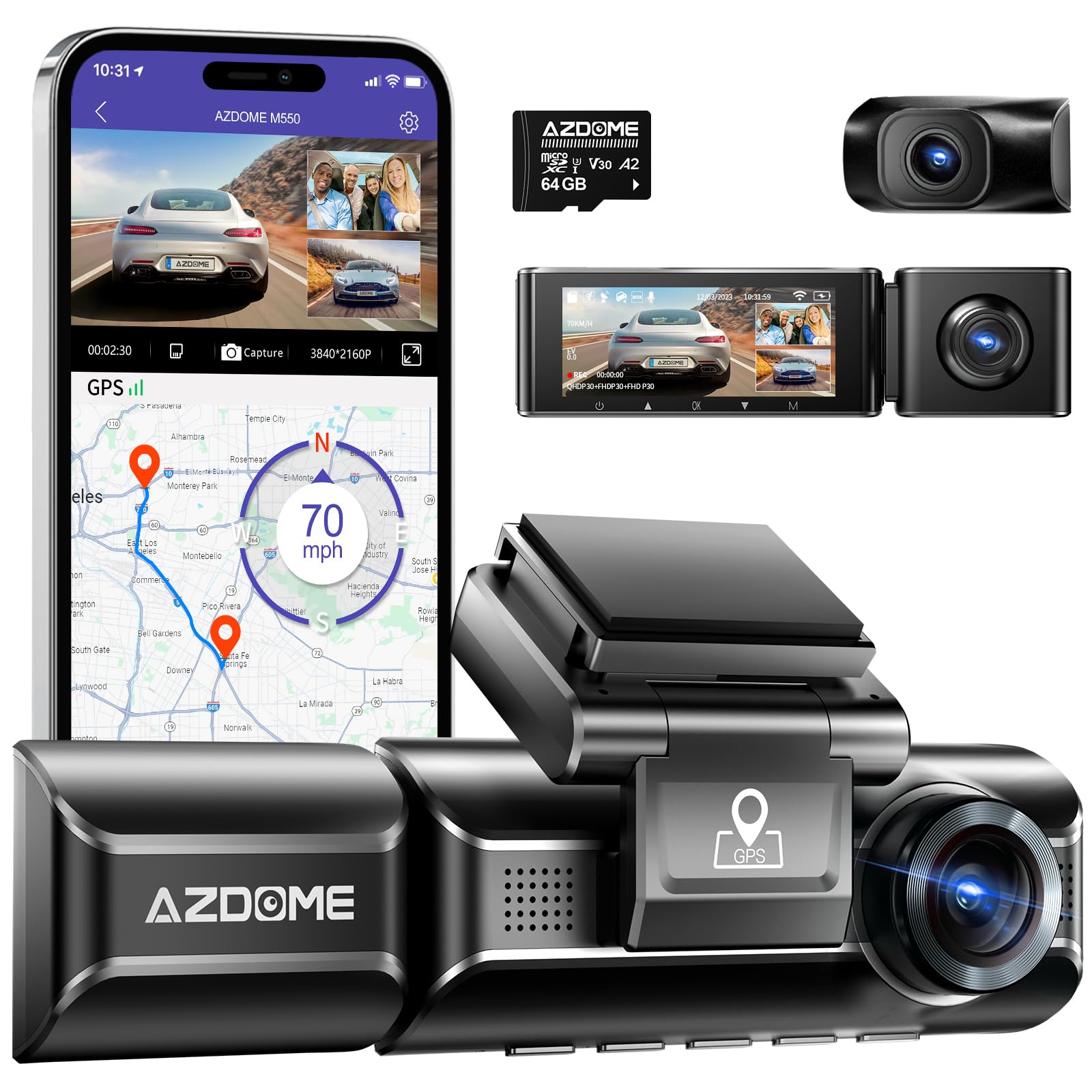 AZDOME M550 3 Channel Dash Cam for Cars: 4K+|5K Dual Cam with WiFi GPS, 1440P+1080P+1440P Front and Rear, 64GB Card Incl