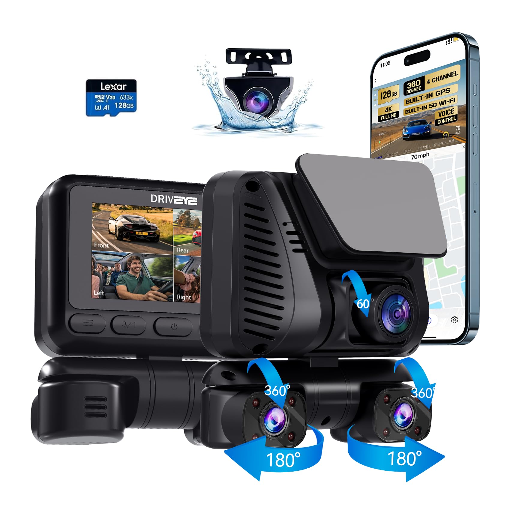Dash Cam 4 Channel 360° View 4K Front and Rear Dash Camera for Cars Night Vision Light Filter 24H Parking Mode G-Sensor