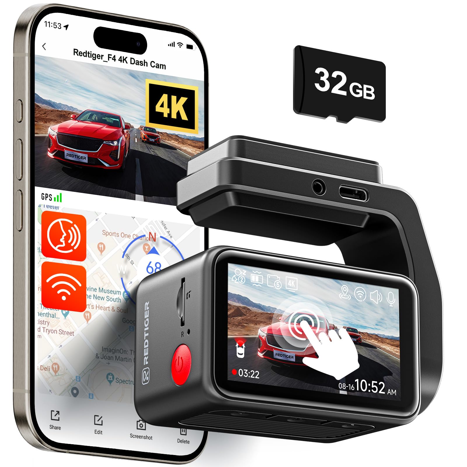 REDTIGER F4 4K Dash Cam for Car, |2 inch Touch Screen, Night Vision, GPS, WiFi Control, 24H Parking Monitor