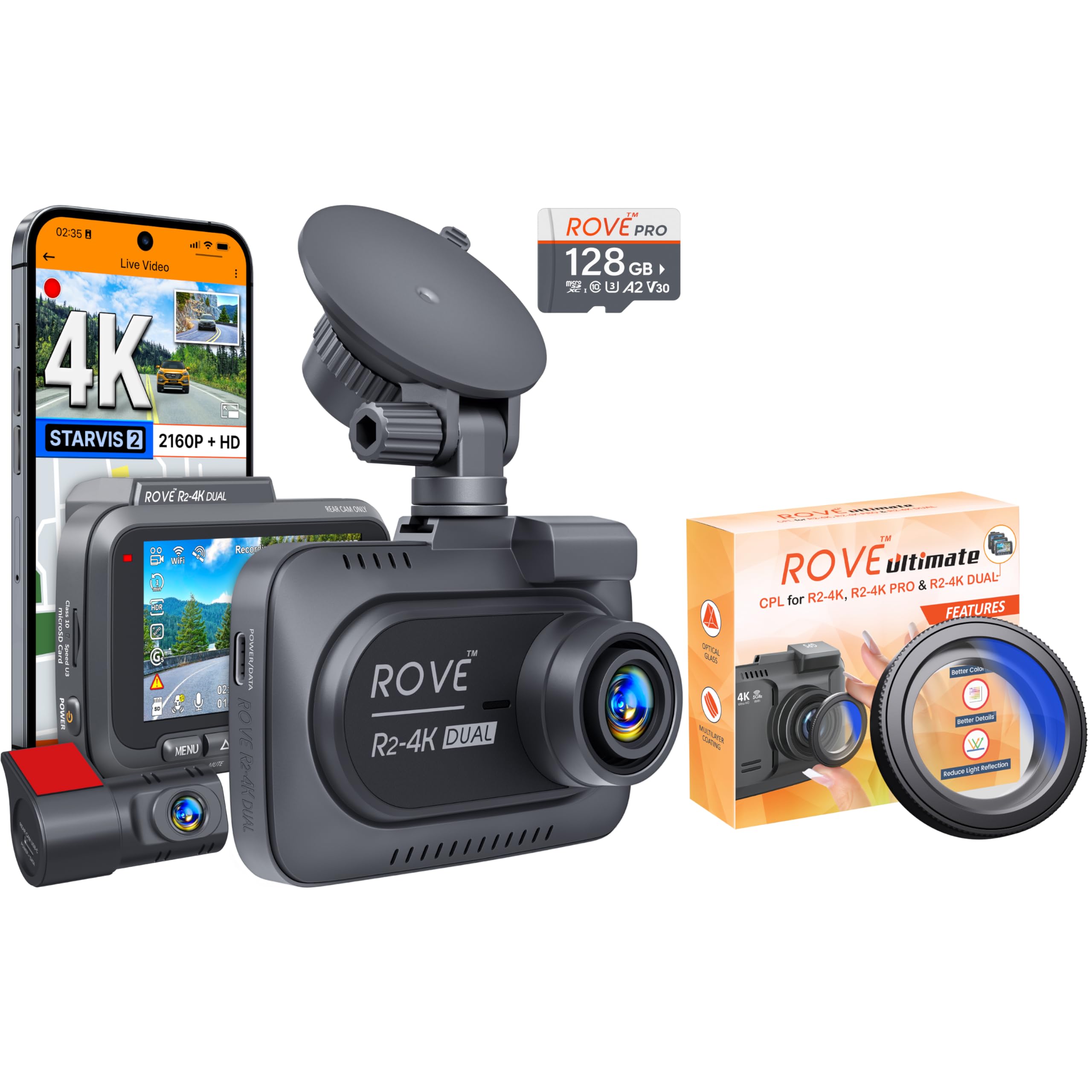ROVE R2-4K Dual Dash Cam for Car Drivers with CPL Filter