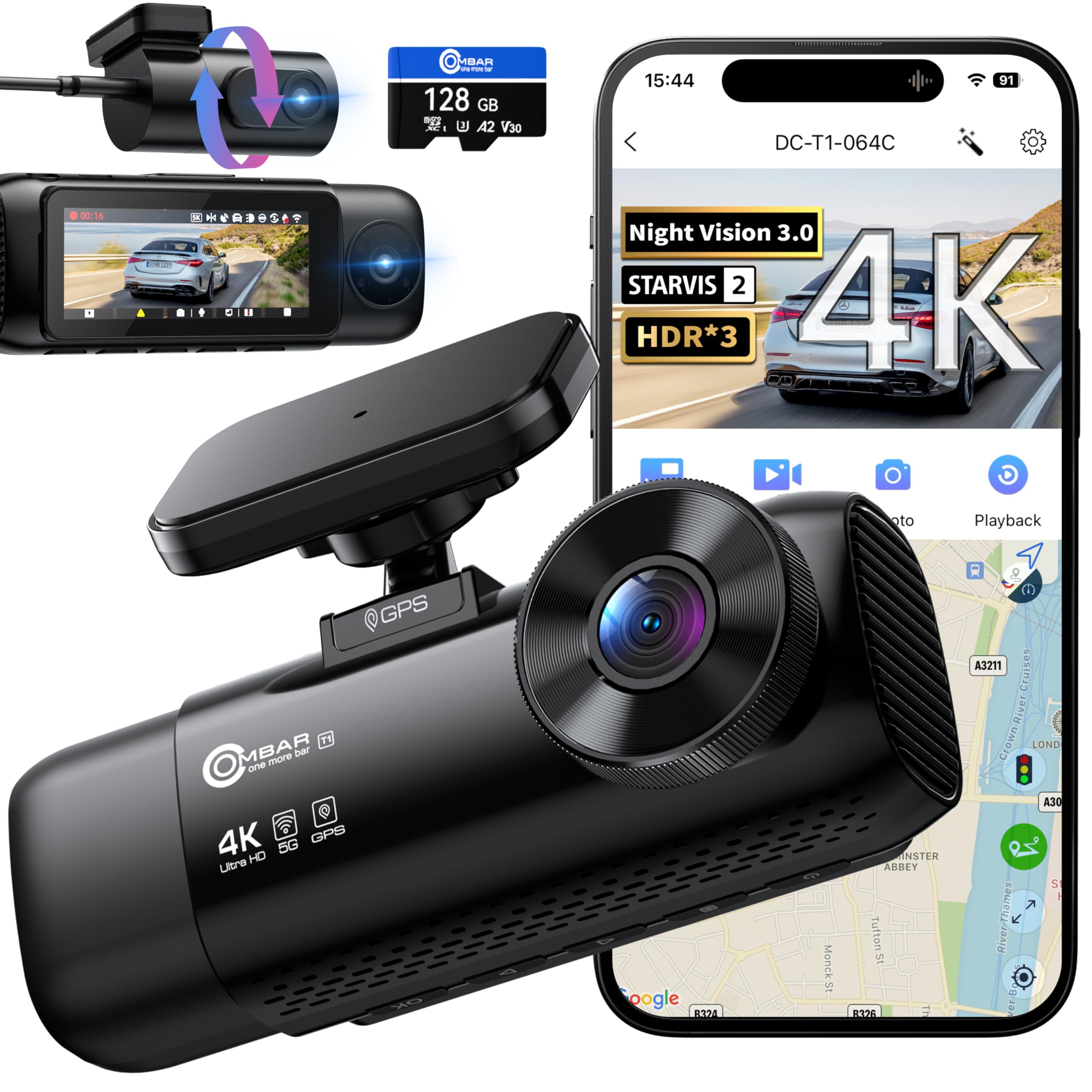 OMBAR T1 4K 3 Channel Dash Cam for Car Enthusiasts with 2025 New HDR Night Vision and Free 128GB Card
| OMBAR T1 4K 3 C