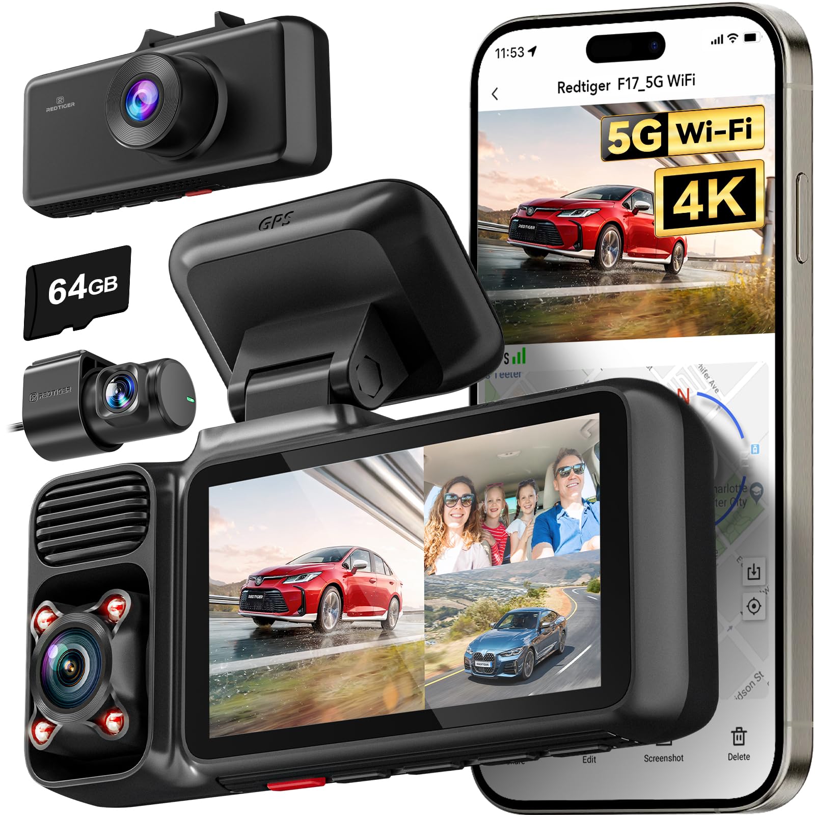 REDTIGER 4K 3 Channel Dash Cam for Car Drivers with 64GB Built-in Card, 2160P+1080P+1080P Front and Rear Inside, 5GHz Wi