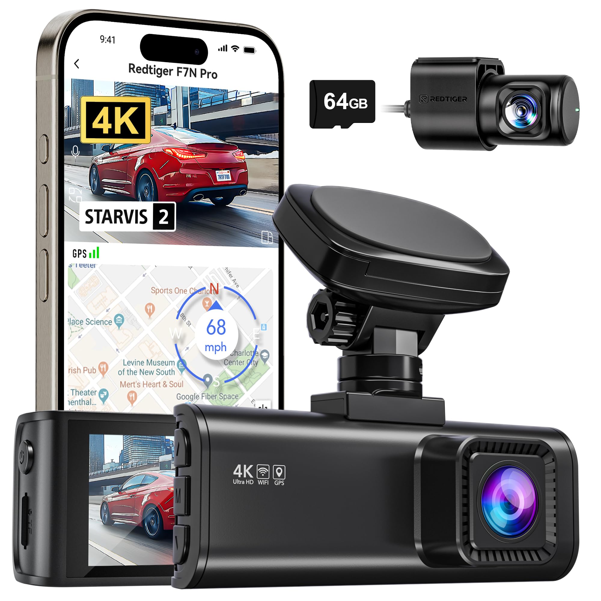 RedTiger 4K Dash Cam F7N Pro for Cars | STARVIS 2 Sensor | 64GB Card Included | Built-in WiFi GPS | |18 Inch IPS Screen