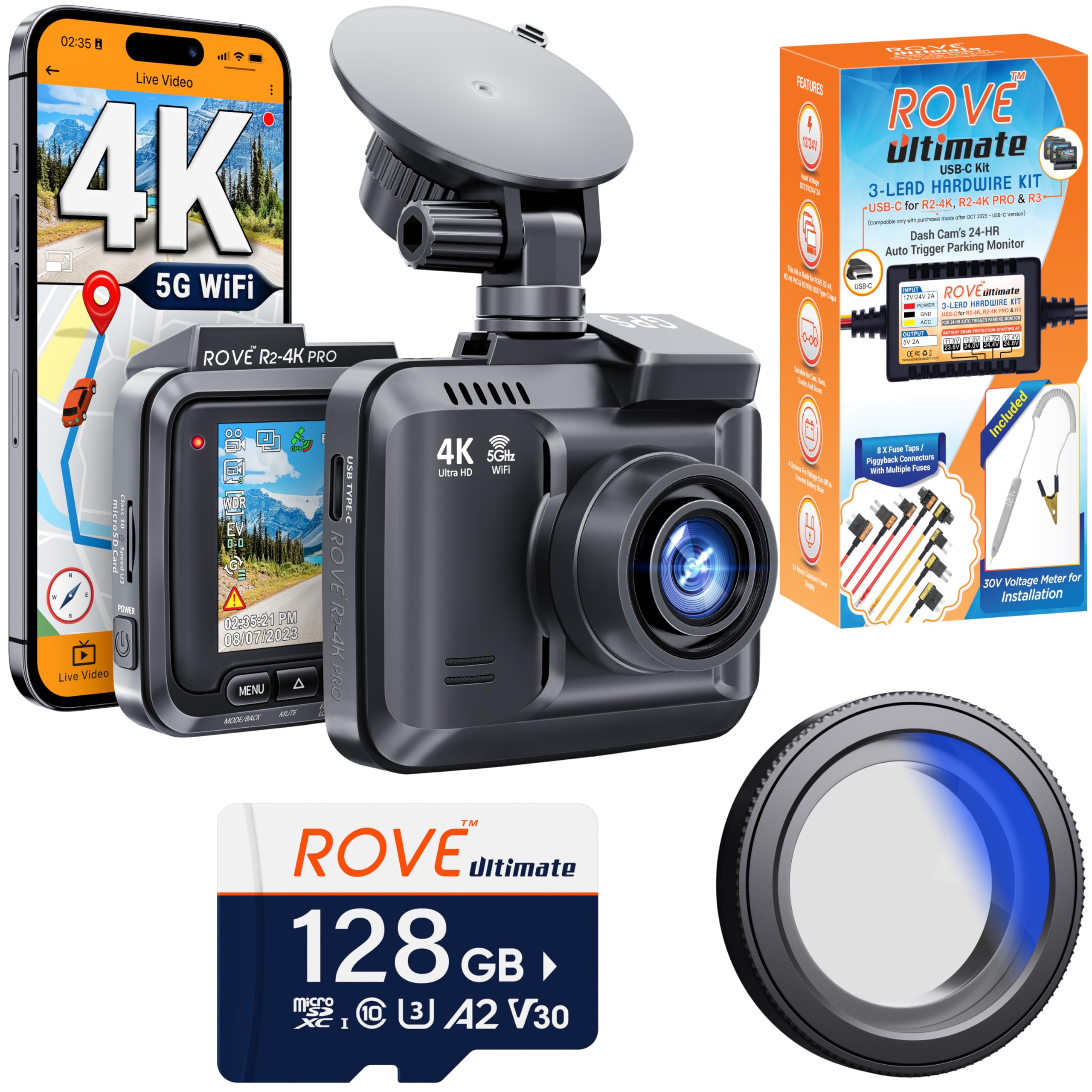 ROVE R2-4K PRO Dash Cam for Car Drivers | Hardwire Kit | Ideal for Safe Driving | 128GB Micro SD Card Included | CPL Fi