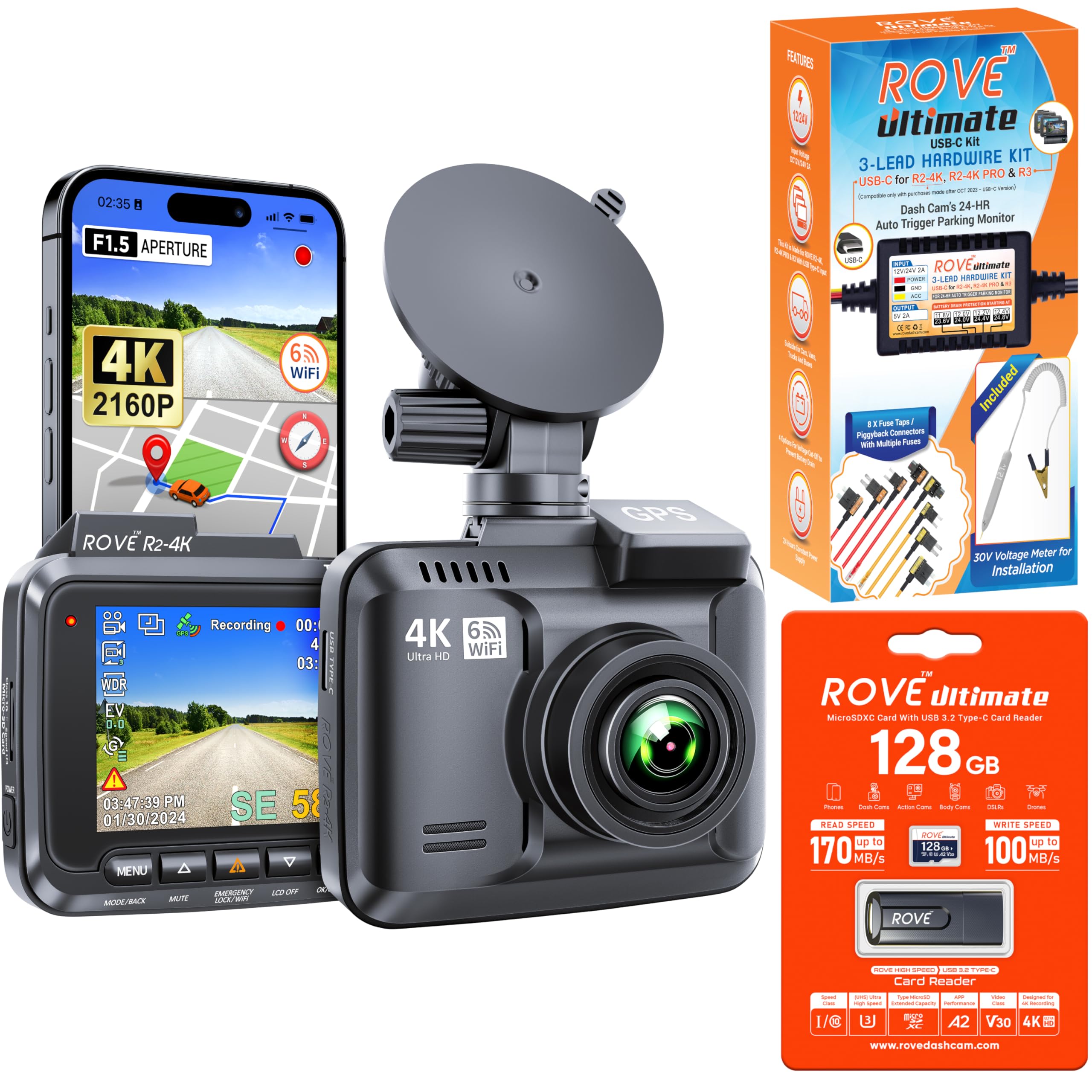 ROVE R2-4K Dash Cam - Hardwire Kit - 128 GB Micro SD Card for UltimateDriving Experience
| ROVE R2-4K Dash Cam - Ultima
