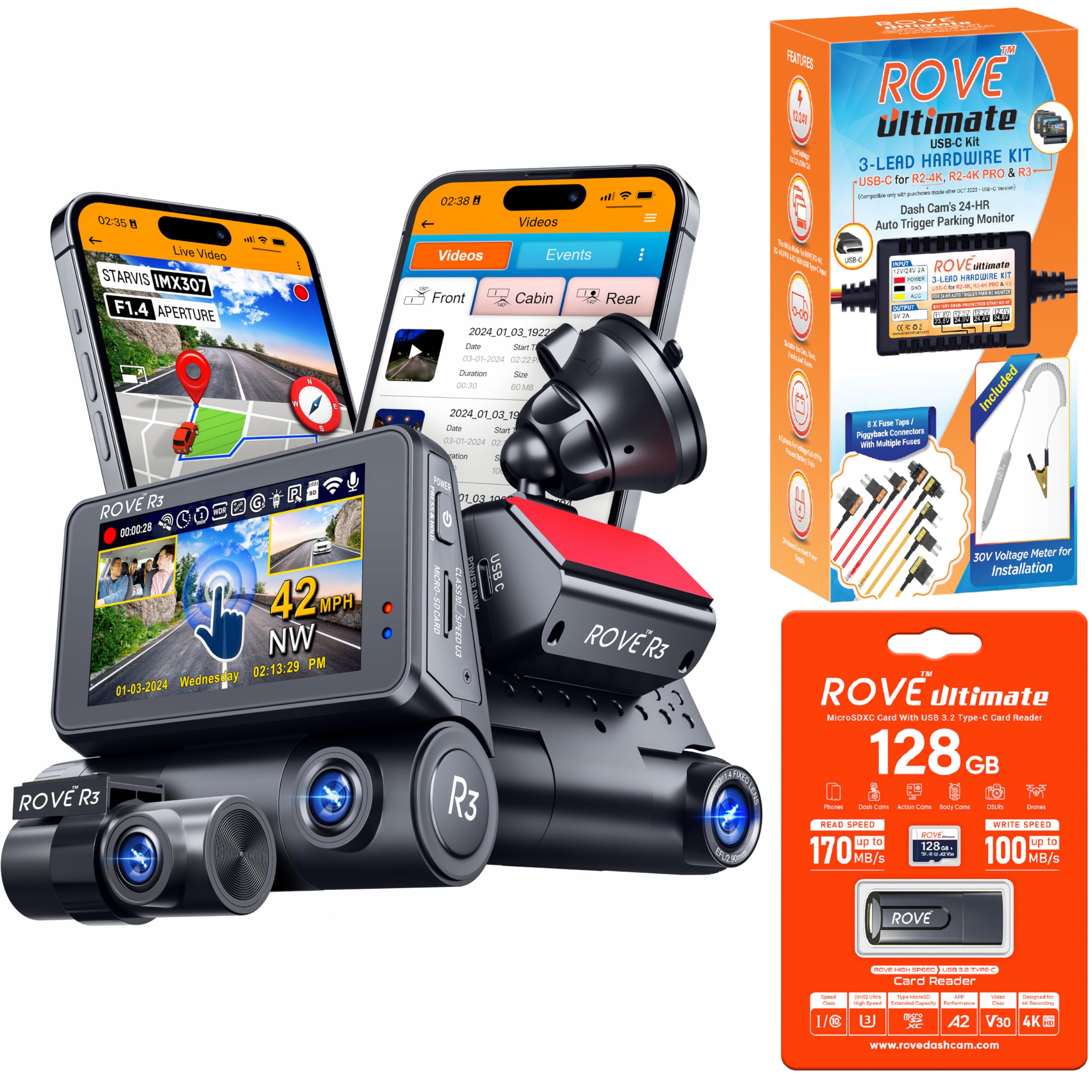 ROVE R3 Dash Cam Hardwire Kit 128GB Micro SD Card for Car Drivers in Traffic Jams